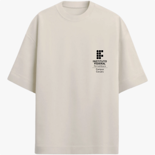 Camiseta com estampa frontal de logo e texto do Instituto Federal Campus Caruaru e estampa traseira de engrenagem, texto "Mecatrônica IFPE" e elementos gráficos.