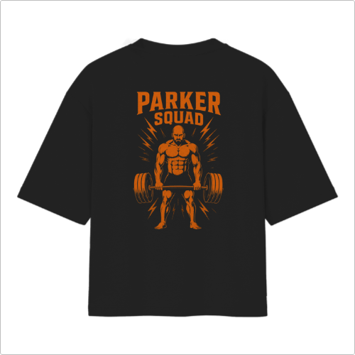 Camiseta com estampa frontal de símbolo estilizado em negrito e estampa traseira de levantador de peso musculoso com raios e texto ornamental.