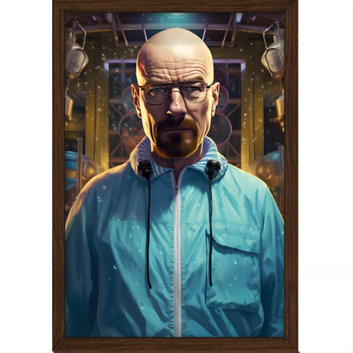 ```Quadro com estampa frontal de personagem careca com óculos, expressão séria, em ambiente industrial com equipamentos e detalhes circulares ao fundo.```