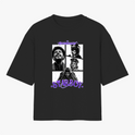 Camiseta com estampa frontal de três retratos contrastantes em quadrados, título acima das imagens e a palavra "Starboy" em destaque na parte inferior.