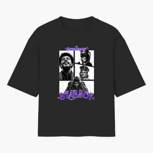 Camiseta com estampa frontal de três retratos contrastantes em quadrados, título acima das imagens e a palavra "Starboy" em destaque na parte inferior.