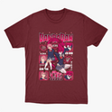 Camiseta com estampa frontal de personagens de anime em poses dinâmicas, cercados por quadrados com retratos menores e textos estilizados japoneses.