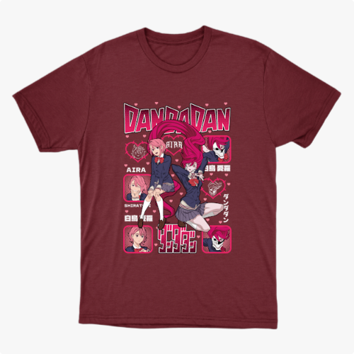 Camiseta com estampa frontal de personagens de anime em poses dinâmicas, cercados por quadrados com retratos menores e textos estilizados japoneses.