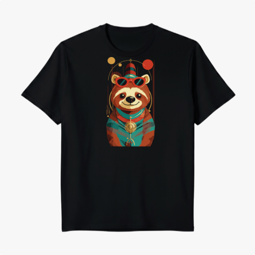 Camiseta com estampa frontal de um panda estilizado usando óculos e roupas coloridas, ornado com padrões geométricos e elementos circulares.
