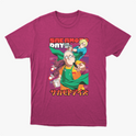 Camiseta com estampa frontal de dois personagens em estilo anime, um segurando café e outro apontando, com texto em japonês e inglês acima e abaixo.