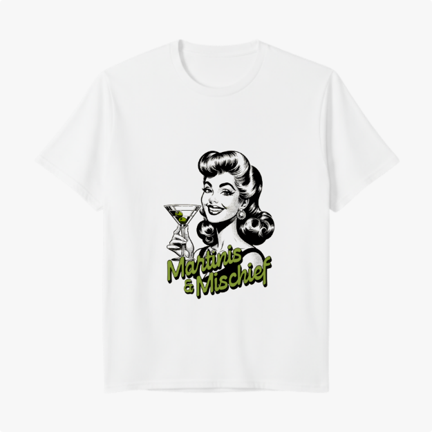 Camiseta com estampa frontal de uma mulher retrô segurando uma taça de martini, junto à frase "Martinis & Mischief" em estilo vintage.