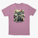 Camiseta com estampa frontal de um guerreiro musculoso em quadrantes, junto a um navio viking, escudo, espadas e texto "TRION BODYBUILDER".