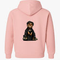 Moletom com estampa frontal de letras "AB" estilizadas com coroa e estampa traseira de personagem sorridente, vestido de preto, com cabelo trançado.
