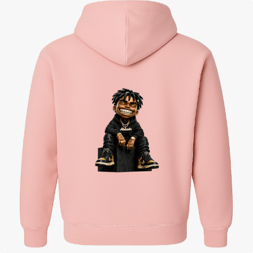 Moletom com estampa frontal de letras "AB" estilizadas com coroa e estampa traseira de personagem sorridente, vestido de preto, com cabelo trançado.
