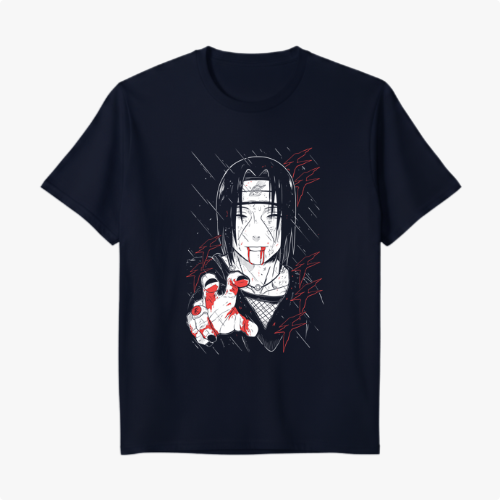 Camiseta com estampa frontal de personagem de anime com cabelo longo, expressão séria e sangue nas mãos, cercado por linhas diagonais e detalhes vermelhos.