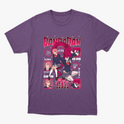 Camiseta com estampa frontal de personagens de anime em poses dinâmicas, cercados por quadrados com retratos menores e textos estilizados japoneses.