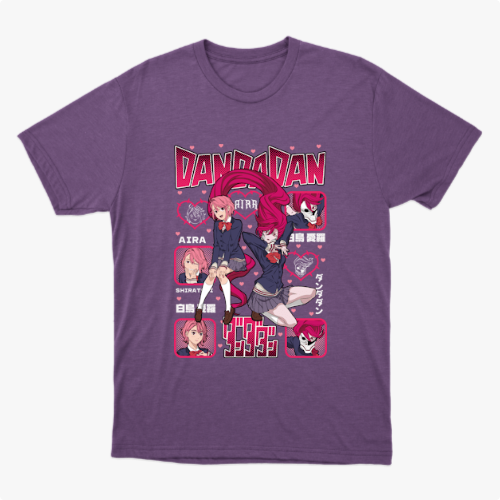 Camiseta com estampa frontal de personagens de anime em poses dinâmicas, cercados por quadrados com retratos menores e textos estilizados japoneses.