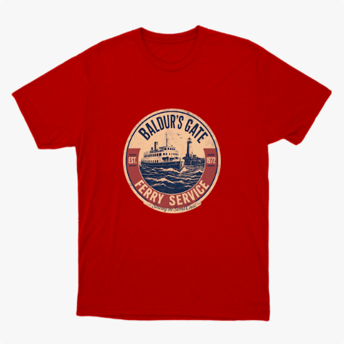 Camiseta com estampa frontal de um emblema circular apresentando um ferry estilizado, com inscrições que indicam "Baldur's Gate Ferry Service" e datas.