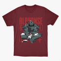Camiseta com estampa frontal de uma figura robótica em posição sentada, cercada por pequenos coelhos e símbolos decorativos ao lado do texto "ALPHONSE".