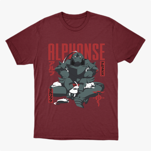 Camiseta com estampa frontal de uma figura robótica em posição sentada, cercada por pequenos coelhos e símbolos decorativos ao lado do texto "ALPHONSE".