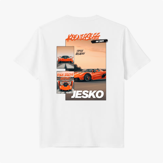 Camiseta com estampa traseira de carro esportivo em alta velocidade, nome "Jesko" em destaque e detalhes visuais incluindo fotos do veículo e texto.