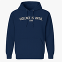 Moletom com estampa frontal de texto "VIOLENCE IS VIRTUE LEGIO" e estampa traseira de crânio perfurado por adaga vermelha, rodeado pelo mesmo texto.