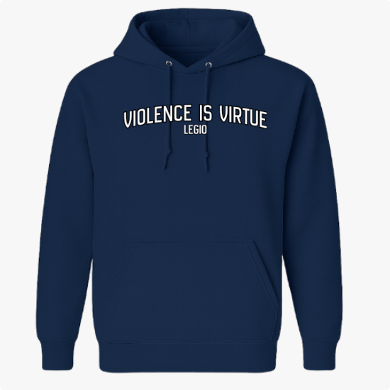 Moletom com estampa frontal de texto "VIOLENCE IS VIRTUE LEGIO" e estampa traseira de crânio perfurado por adaga vermelha, rodeado pelo mesmo texto.