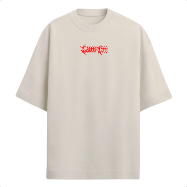Camiseta com estampa frontal de letras estilizadas com pontas afiadas e estampa traseira de letras estilizadas maiores, ambas em design vermelho.