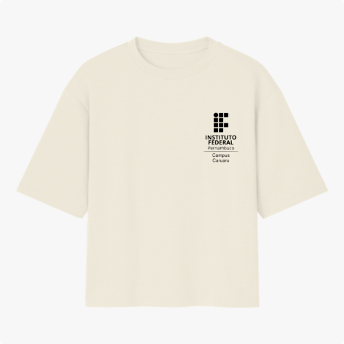 Camiseta com estampa frontal de logotipo do Instituto Federal de Pernambuco Campus Caruaru e estampa traseira com temática de mecatrônica, engrenagens e inscrições.