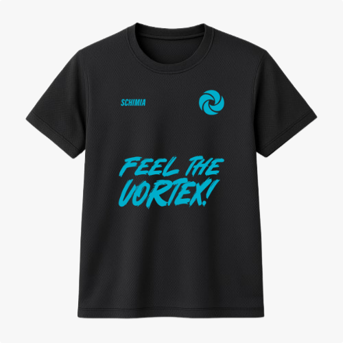 Camiseta com estampa frontal de logotipo circular e texto "FEEL THE VORTEX!" em fonte estilizada e estampa traseira de "BOTUVA 2026 VORTEX 4 WAY TEAM".