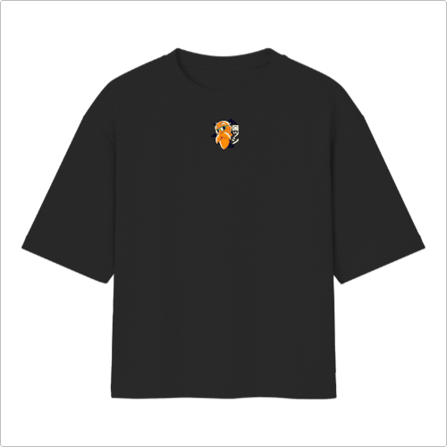 Camiseta com estampa frontal de papagaio estilizado e estampa traseira de personagem idoso de anime sentado em prancha com bastão e cabelo longo.