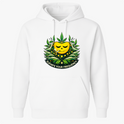 Moletom com estampa frontal de uma figura central amarela sorridente, cercada por folhas verdes e detalhes florais, com o texto "Elevate Your Frequency".