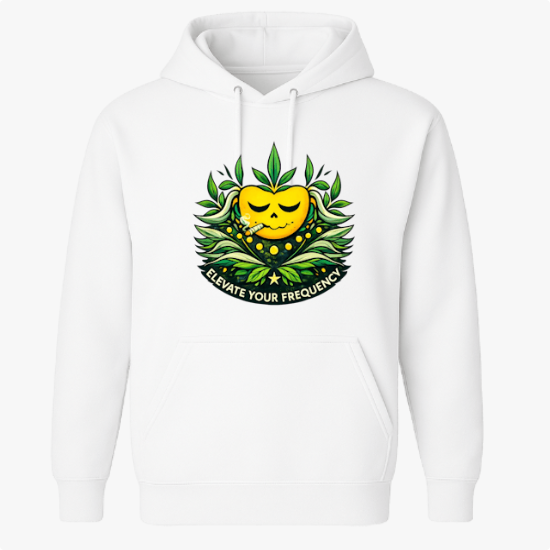Moletom com estampa frontal de uma figura central amarela sorridente, cercada por folhas verdes e detalhes florais, com o texto "Elevate Your Frequency".