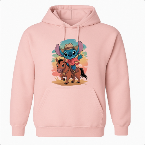 Moletom com estampa frontal de personagem alienígena vestido de cowboy montando um cavalo, fundo com suaves pinceladas que lembram um pôr do sol.