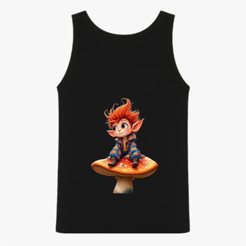 Regata com estampa frontal de garrafa com rótulo de cogumelo vermelho e estampa traseira de duende de cabelo vermelho sentado em cogumelo grande.