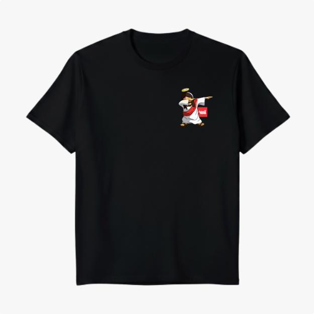 Camiseta com estampa frontal de pinguim dabbing vestido como anjo, usando auréola e segurando uma sacola vermelha com a palavra "angel".