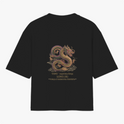 Camiseta com estampa frontal de dragão e fênix junto a texto estratégico, e estampa traseira de dragão detalhado sobre nuvens com textos complementares.