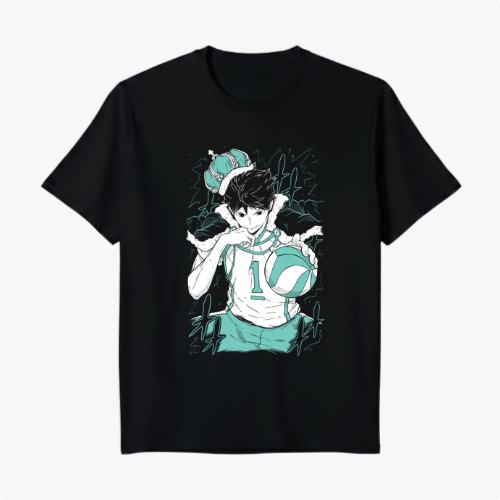 Camiseta com estampa frontal de jogador de vôlei segurando bola, com expressão concentrada, usando uniforme esportivo e uma coroa estilizada na cabeça.