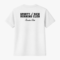 Camiseta com estampa frontal de "Sporty & Rich" em fonte estilizada e estampa traseira de "Sporty & Rich Running Club" com "Rower Club" em destaque.