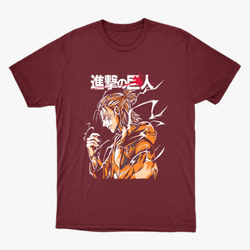 Camiseta com estampa frontal de personagem de cabelo preso e traje volumoso, rodeado por padrões dinâmicos e caracteres estilizados ao lado.