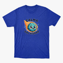 Camiseta com estampa frontal de meteoro sorridente rodeado por estrelas e frase "CALMA VAI PIORAR" em letras estilizadas.