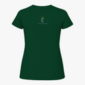 Camiseta com estampa frontal de imagem de Nossa Senhora em moldura colorida com flores e frase "Nossa Senhora, rogai por nós" e estampa traseira de logotipo com cruz e texto.