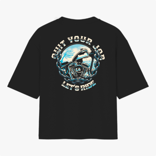 Camiseta com estampa frontal de ondas estilizadas e estampa traseira de moto emoldurada por correntes com a frase "Quit Your Job Let's Ride".