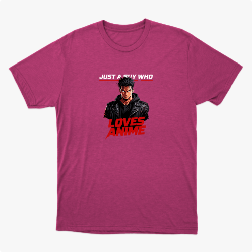 Camiseta com estampa frontal de personagem masculino estilizado usando jaqueta e texto "Just A Guy Who Loves Anime" em destaque.