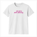Camiseta com estampa frontal de texto estilizado "Hot Girls Hate Running" em tipografia cursiva.