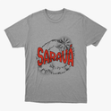 Camiseta com estampa frontal de texto em estilo pop art, com a palavra "Saravá" em destaque, rodeada por padrões circulares e efeitos pontilhados.