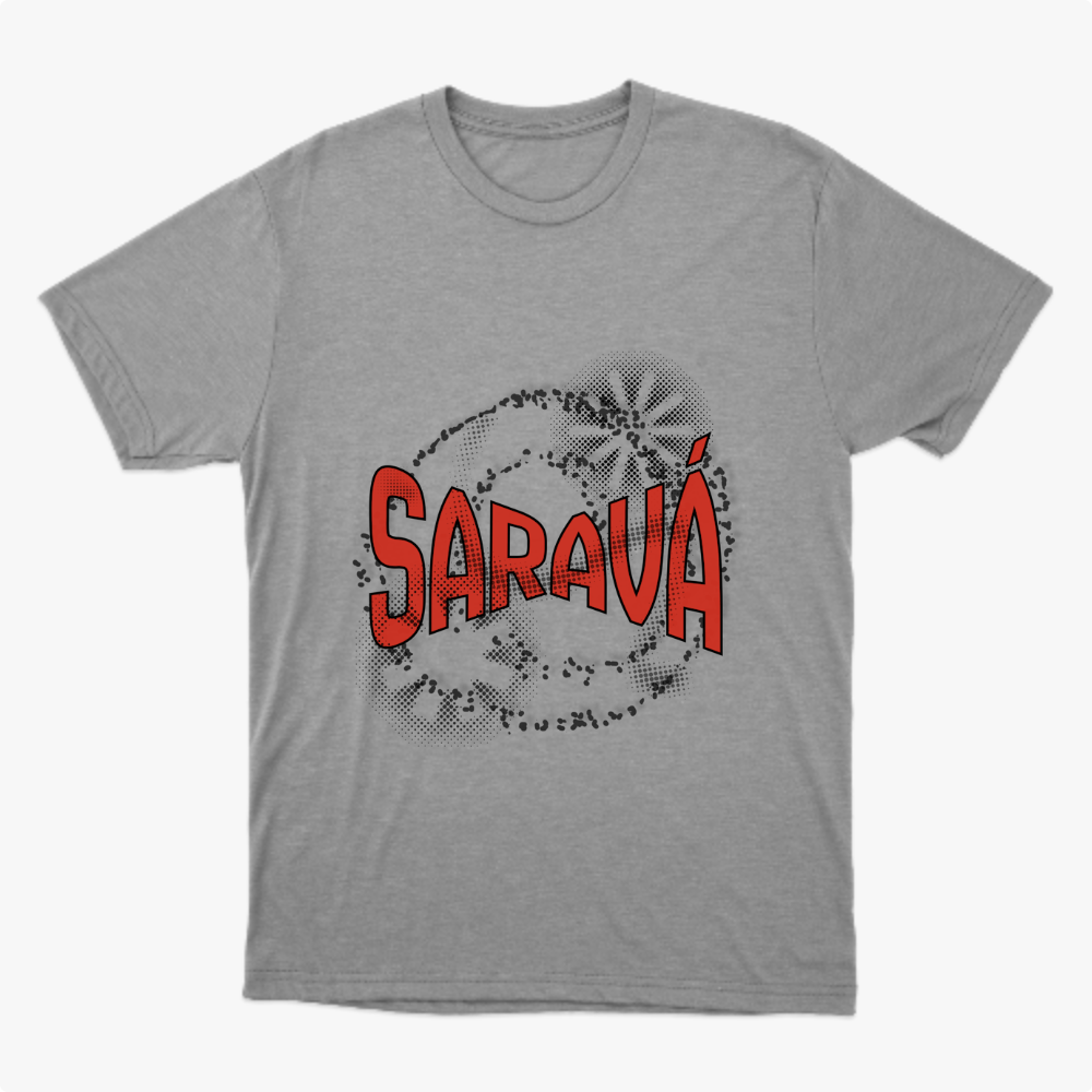 Camiseta com estampa frontal de texto em estilo pop art, com a palavra "Saravá" em destaque, rodeada por padrões circulares e efeitos pontilhados.