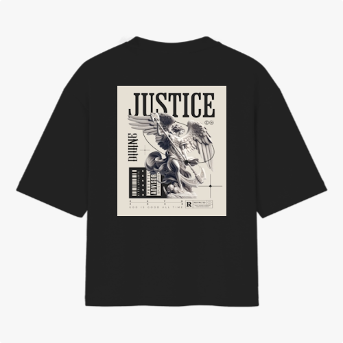 Camiseta com estampa frontal de lettering estilizado "God is Good" e estampa traseira de ilustração de anjo com a palavra "Justice" e detalhes de texto.