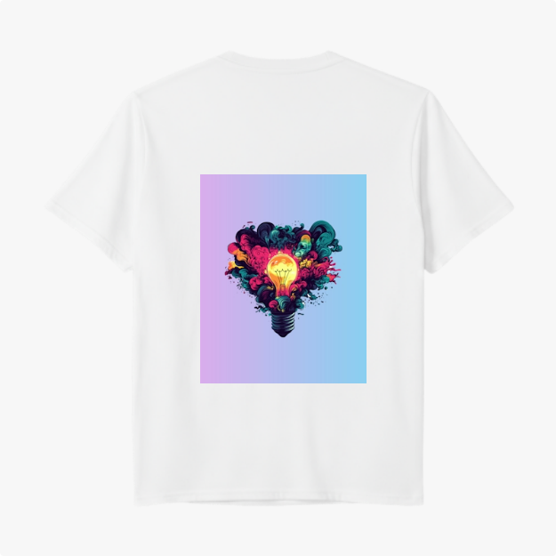 Camiseta com estampa frontal de retângulo gradiente e estampa traseira de lâmpada rodeada por explosão de cores vibrantes em fundo gradiente.