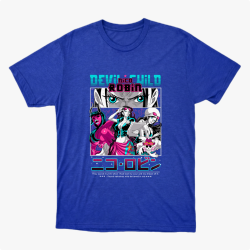Camiseta com estampa frontal de personagem estilo mangá, com destaque para o olhar intenso acima de várias poses e figuras em ação, acompanhada por texto estilizado.