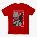 Camiseta com estampa frontal de personagem estilizado em tons de cinza e vermelho, com elementos de design geométrico e texto ao redor.