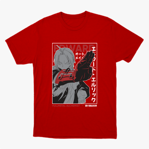 Camiseta com estampa frontal de personagem estilizado em tons de cinza e vermelho, com elementos de design geométrico e texto ao redor.
