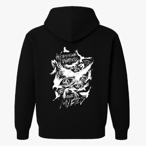 Moletom com estampa frontal de olho central com asas detalhadas e estampa traseira de olhos cercados por padrões abstratos e um texto estilizado.