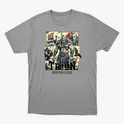 Camiseta com estampa frontal de um guerreiro musculoso em quadrantes, junto a um navio viking, escudo, espadas e texto "TRION BODYBUILDER".