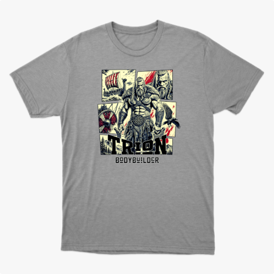 Camiseta com estampa frontal de um guerreiro musculoso em quadrantes, junto a um navio viking, escudo, espadas e texto "TRION BODYBUILDER".